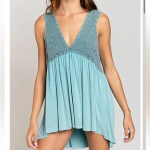 POL Babydoll Embroidered Aqua Sleeveless Tunic Top Small